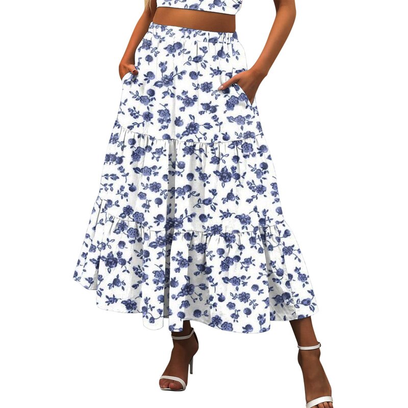 Summer Bohemian A-Line Skirt Floral Skirt Women Casual Beach Faldas Female Boho Elegant Elastic Waist Holiday Print Maxi Skirts