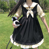 Kawaii Lolita Dress Women Japanese Preppy Style Harajuku Dresses Short Sleeve Ruffles Patchwork Peter Pan Collar Robe