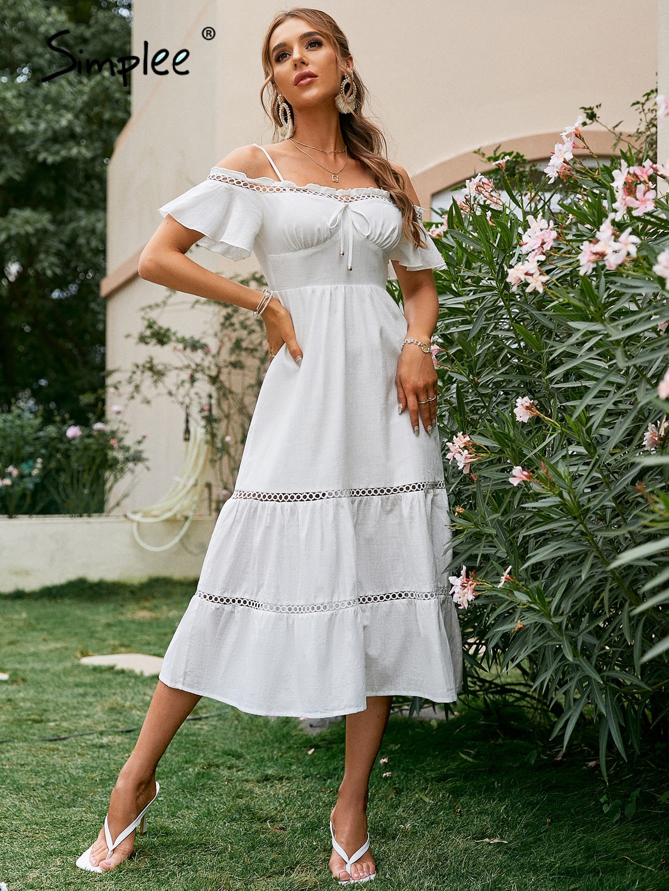 Drespot Elegant Cold Shoulder Ruffle White Summer Dress Women Cut Out Lace Cotton Maxi Dresses A-Line Split Holiday Vestido
