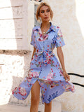Drespot Print Turn-down Collar Short Sleeved Long Dress Summer  Womens Lace-up Single Breasted A-line Casual Dress Chiffon Dress