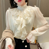 Drespot Fashion Stand Collar Chiffon Lace Shirts Ruffles Stitching Elegant Blouse Woman Long Flare Sleeve Loose Tops Fall Blouse