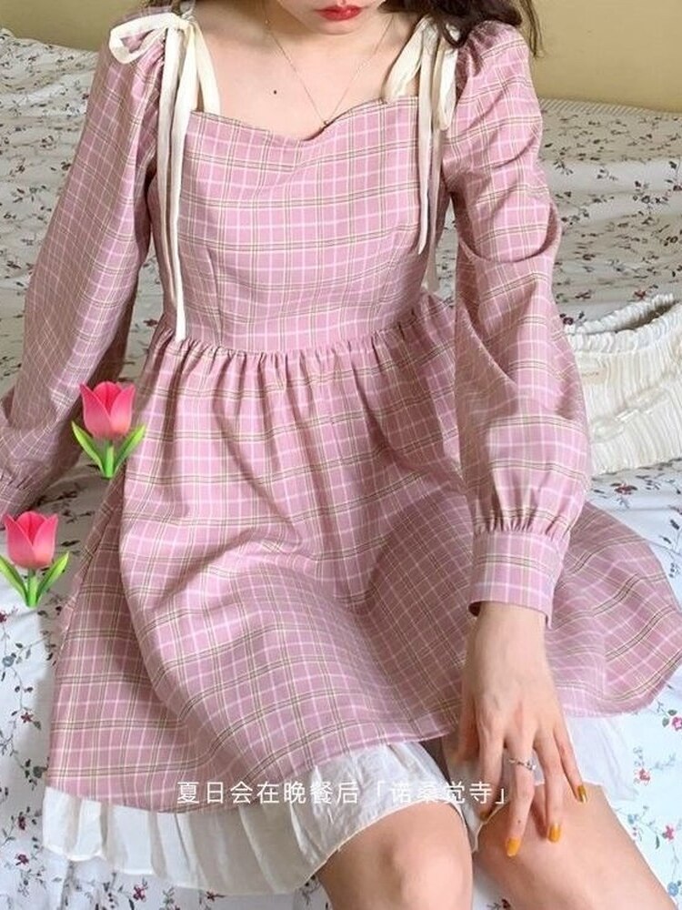 Drespot Kawaii Pink Plaid Dress Women Japanese Sweet Vintage Wrap Square Collar Short Dresses Cute  Summer Robe Vestido Female