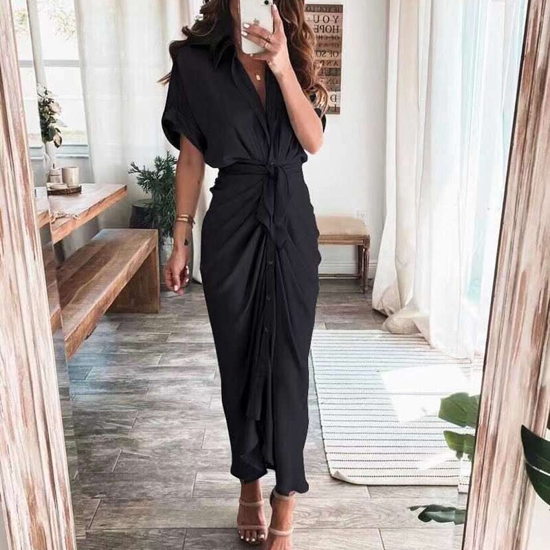 Stain Elegant Long Dress For Women  Summer V Neck Lace Up Button Bodycon Shirt Dresses Black Sexy Party Club Casual Vestido