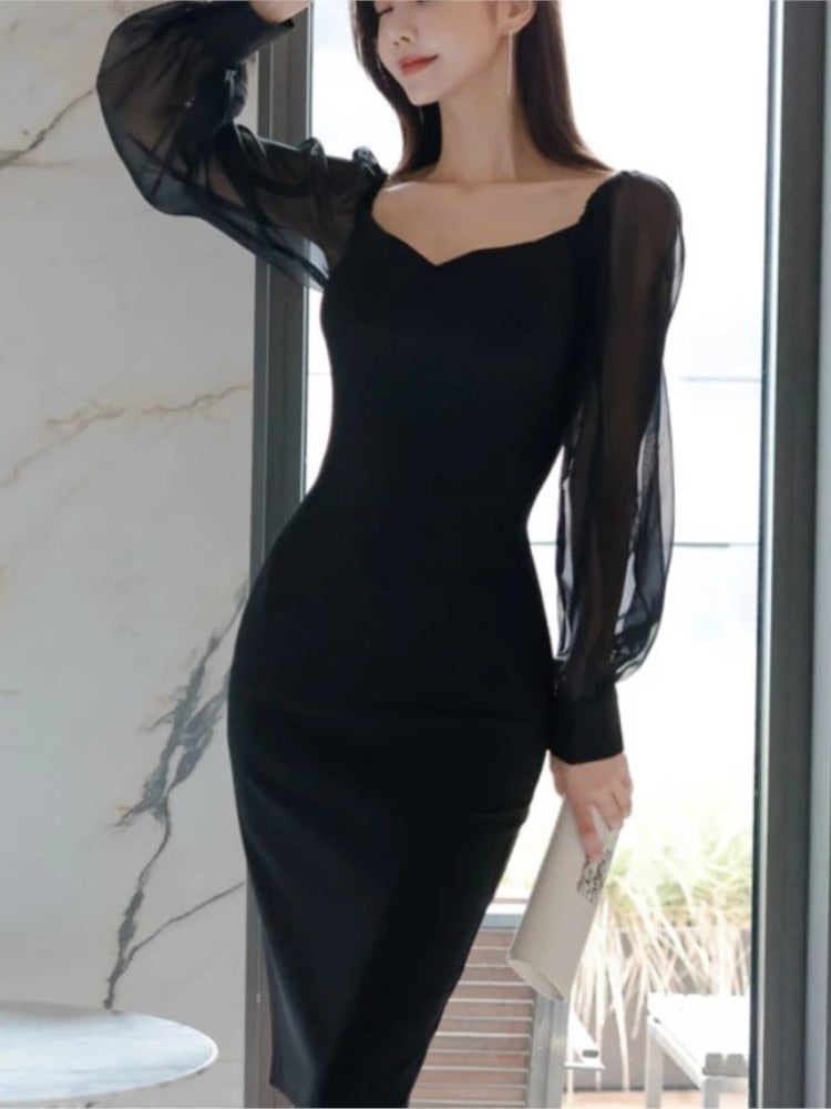 Black Elegant Patchwork Long Sleeve A-Line Midi Dresses For Women Square Collar Bodycon Slim Waist Vestidos Femme Fashion Outfit