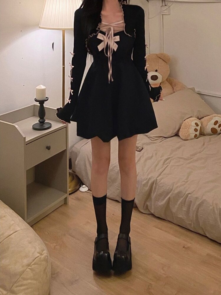 Drespot Gothic Kawaii Mini Dress Women Goth Harajuku Black Bandage Wrap Short Dresses Sweet Lolita  Summer Bow Cute Robes