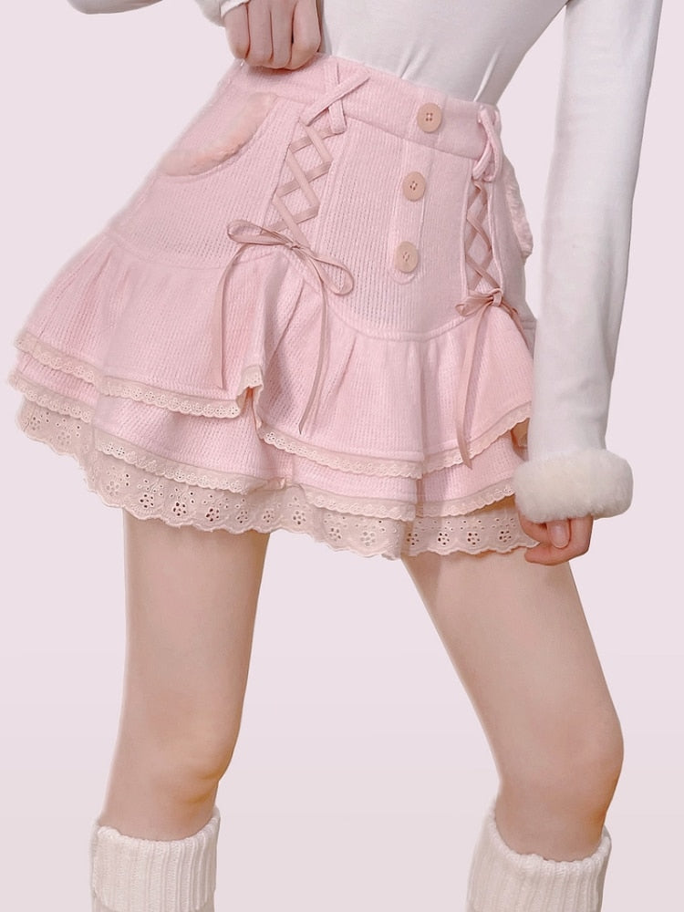 Japanese Kawaii Lolita Mini Skirt Women Winter Lace Casual Elegant Sweet Female Skirt High Waist Bandage Korean Skirt  New