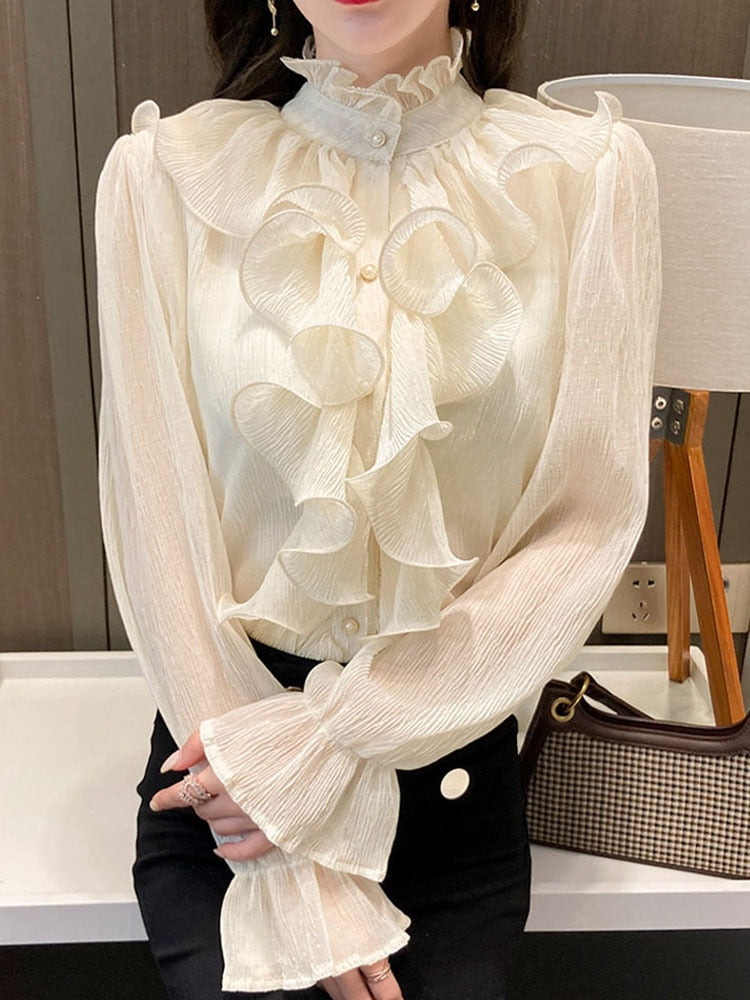 Drespot Fashion Stand Collar Chiffon Lace Shirts Ruffles Stitching Elegant Blouse Woman Long Flare Sleeve Loose Tops Fall Blouse