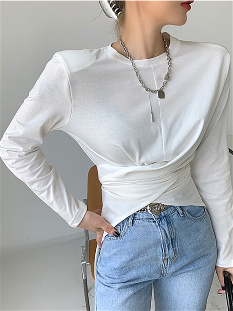 Drespot Spring  New Irregular Women's T-Shirts Shoulder Pads Front Cross O-Neck Long Sleeve Female Casual Chic Shirts Tops