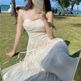 Harajuku Camisole Beach Style Sleeveless Lace Hollow Out Spaghetti Strap Chiffon Midi Dresses for Women Woman Dress Summer