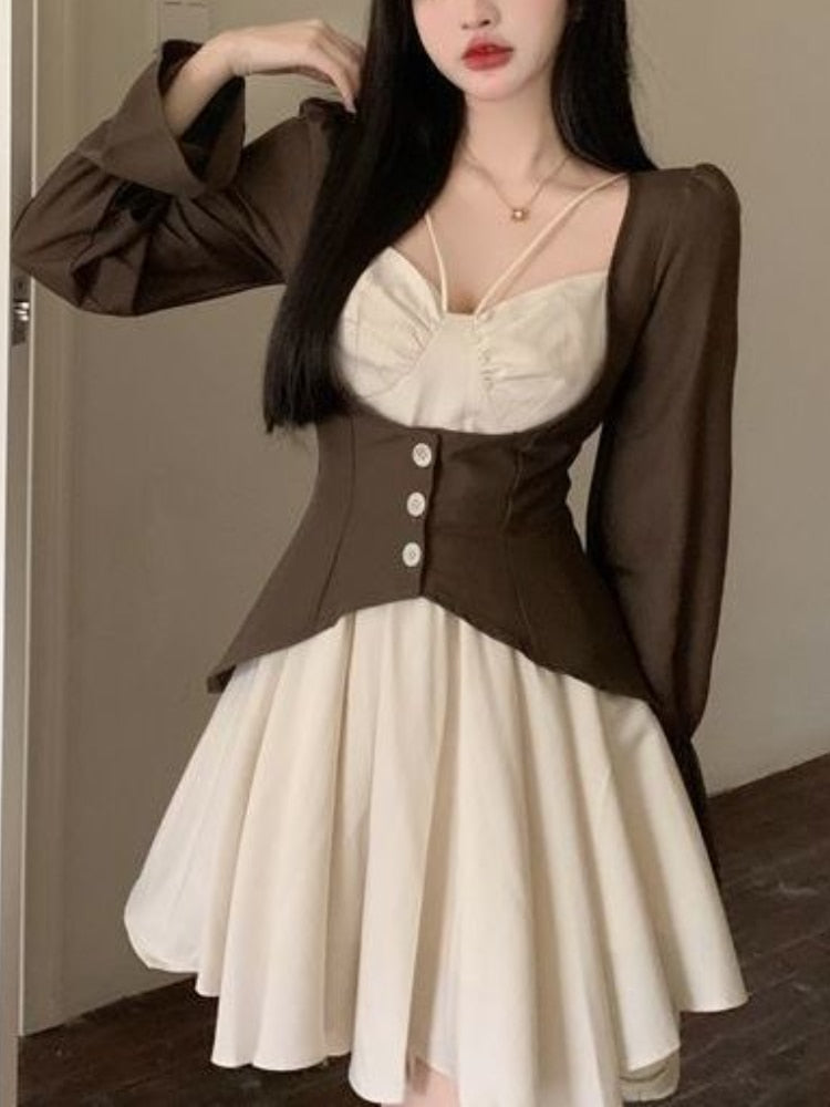 Drespot Lolita Sweet Puff Sleeve Dress Woman Patchwork Gothic Korean Fashion Dress Kawaii Casual  Spring Party Y2k Mini Dress Female