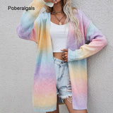 Autumn vintage cardigans winter new women's sweater  new pockets rainbow tie-dye mid-length cardigan knitted sweater jacket