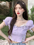 Lace Purple Korean Style Sweet Blouse Women Green Casual France Kawaii Blouse Female Bubble Sleeve Elegant Chic Tops Summer