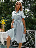 Drespot Women Dress  Summer Floral Short Sleeve Dress Fashion Print Turn-down Collar Sashes Single Breasted Chiffon Dress Robe Femme