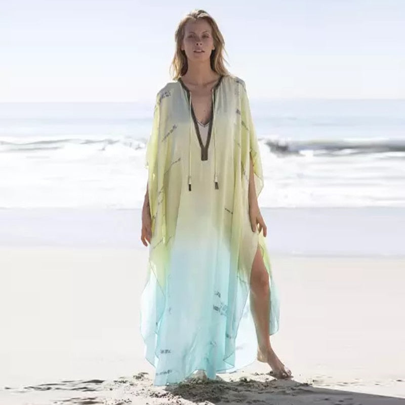 Sexy Gradient Deep v-neck Tassel Batwing Sleeve chiffon Plus Size Summer Maxi Dress For Women Casual Party Dresses A1001