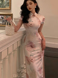 Summer New Elegant China Style Midi Cheongsam Print Dress For Women Solid One Piece Femme Fashion Party  Clothing Vestidos