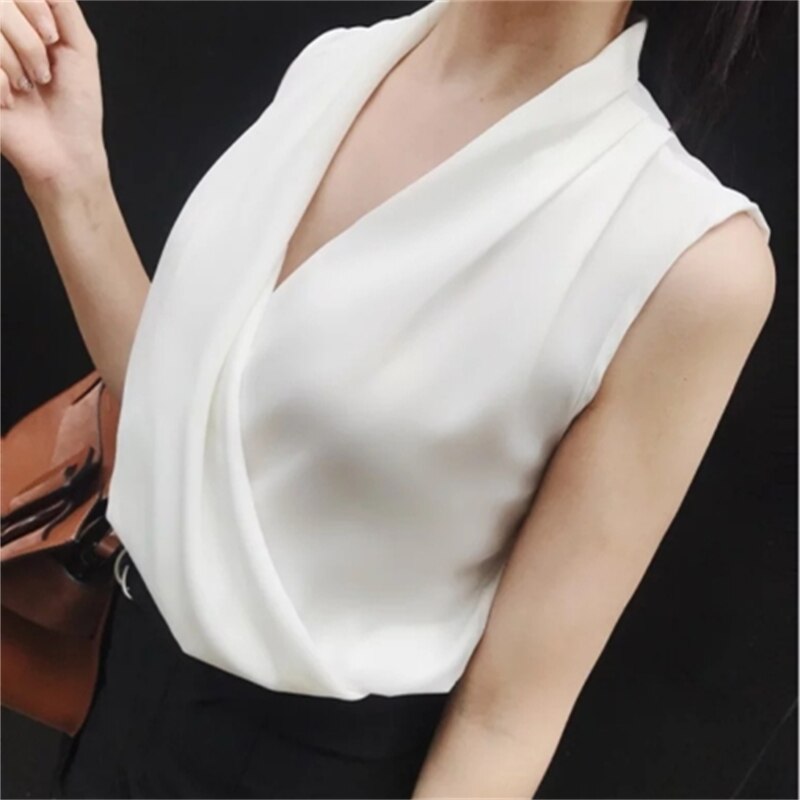 Summer Spring Women Deep V-Neck Shirt Pure Color Tops Female Rayon Sleeveless Elegant Office Lady Blouse