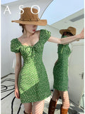 Green Floral Dress Women  Summer Square Collar Puff Sleeve French Dress Elegant Vintage High Street Holiday Sundress