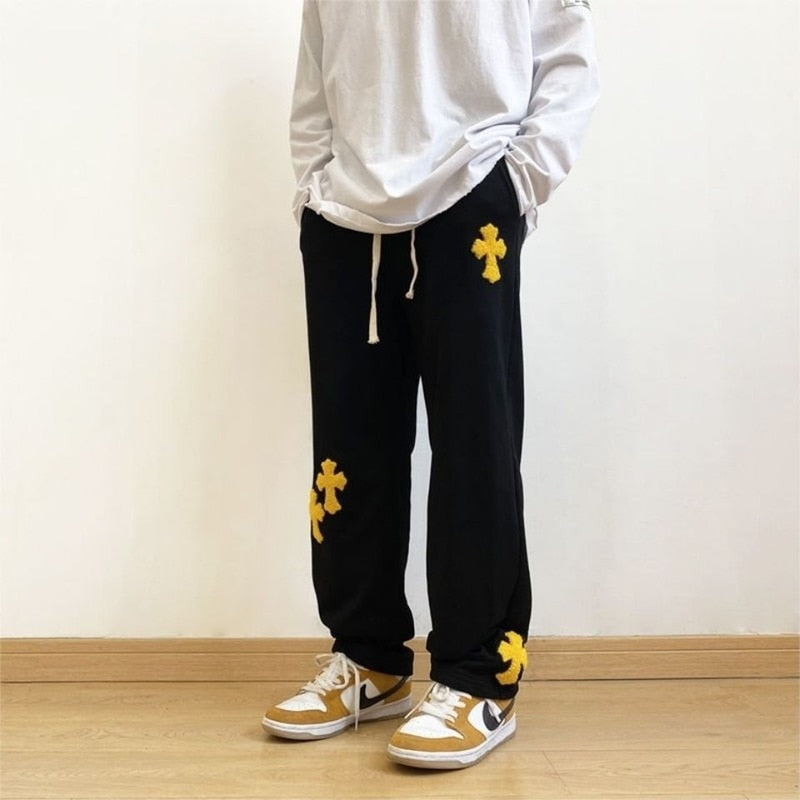 Drespot  Harajuku Streetwear Cross Embroidery White Cargo Pants Women Hippie Oversize Sweatpants Wide Leg Trousers For Female