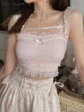 Pink Japanese Kawaii Lolita Crop Top Women White Korean College Style Sweet Tank Top Bow Lace France Princess Vset Female
