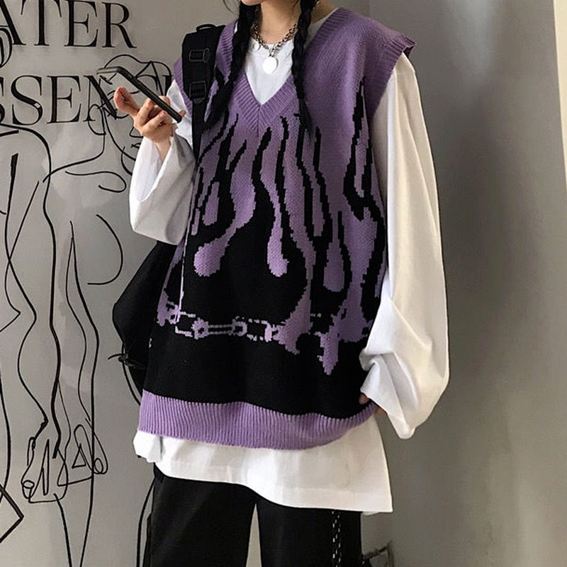 Deeptown Gothic Streetwear Flame Print Oversize Sweater Vest Women Harajuku Hip Hop Knitted Sleeveless V-Neck Female Tops