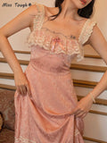Pink Elegant Elegant Party Midi Dresses Women Lace France Vintage Strap Fairy Dress Flower Retro Korean Style Dress Summer