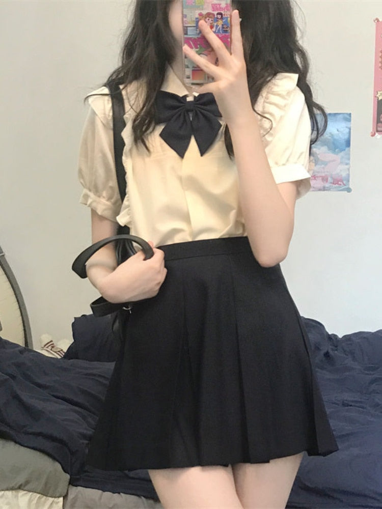Drespot Kawaii Short Sleeve Shirt Women Summer  Preppy Style Blouse Sweet Ruffles Patchwork Jk Girl School Outfits Japanese