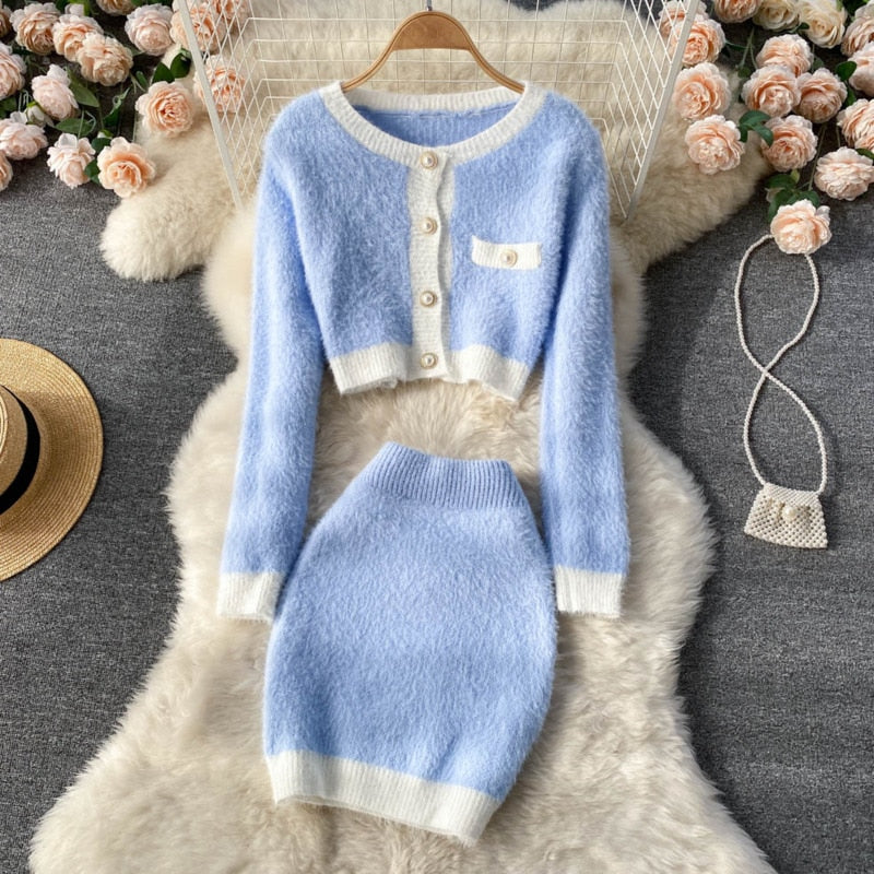 Drespot  Small Fragrance Knitted Two Piece Set Women Sweater Cardigan Crop Top + Bodycon Mini Skirts Sets Korean Sweet 2 Piece Suits