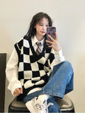 Korean Style Plaid Oversize Sweater Vest Womens Harajuku Knitted V-neck Sleeveless Jumper Pullover Female Blue Tops