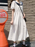 Kawaii Preppy Style Dress Women Summer White Short Sleeve Dress Mid-Calf Elegant Vintage Korean Fashion  Streetwear