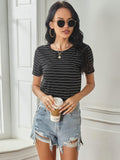 Drespot Classic Black White Striped Short Sleeve Tshirt Women Summer O-neck Tops Casual O-neck Striped Women's T-shirt Women Clothes