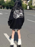 Drespot Gothic Oversized Hoodies Women Harajuku Hip Hop Black Graphic Sweatshirts Loose Casual Crewneck Tops Streetwear Grunge