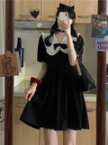 Black Kawaii Mini Dress Women Sweet Preppystyle Bow Lolita Dress  Summer Short Sleeve Ruffles Peter Pan Collar Robe