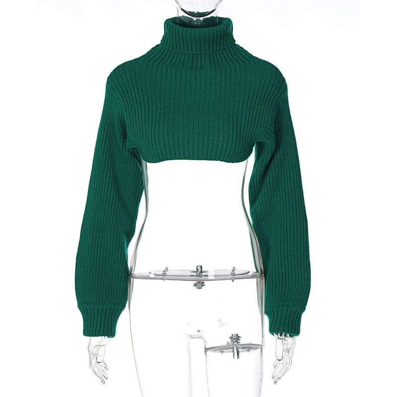 Drespot Turtleneck Flare Sleeve Crop Sweater Open Back Ribbed Knitted Green Top Pullover 2023 Fall Clothes For Women With High Neck