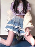 Kawaii Mini Skirt Women  Summer Preppy Style Blue Pleated Skirt Lace Patchwork Lolita Japanese A-LINE Sweet Cute