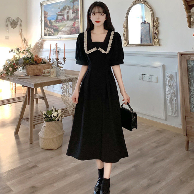 Black Elegant Dress Women Lace Patchwork Midi Dress Summer Vintage Short Sleeve Kawaii Peter Pan Collar Fashion Sundress