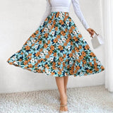 Women Skirt Boho High Waist A-Line Summer Midi Skirts Floral Print Drawstring Elastic Waist Skirt Casual Beach Maxi Clothes