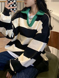 Drespot Black White Striped Oversized Sweatshirts Women Harajuku Retro Polo Hoodies Casual Loose Pullover Tops Korean Vintage