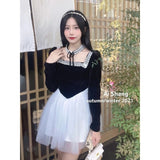 Drespot  Kawaii Lace Mini Dress Women Black Mesh Patchwork Long Sleeve Dresses Square Collar Preppy Style Sweet Korean Fashion