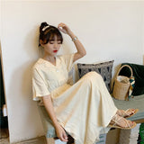 Drespot Korean Short Sleeve Dress Women Summer Casual Wrap Midi Dresses Japanese Harajuku Notched Button Robes  Kpop