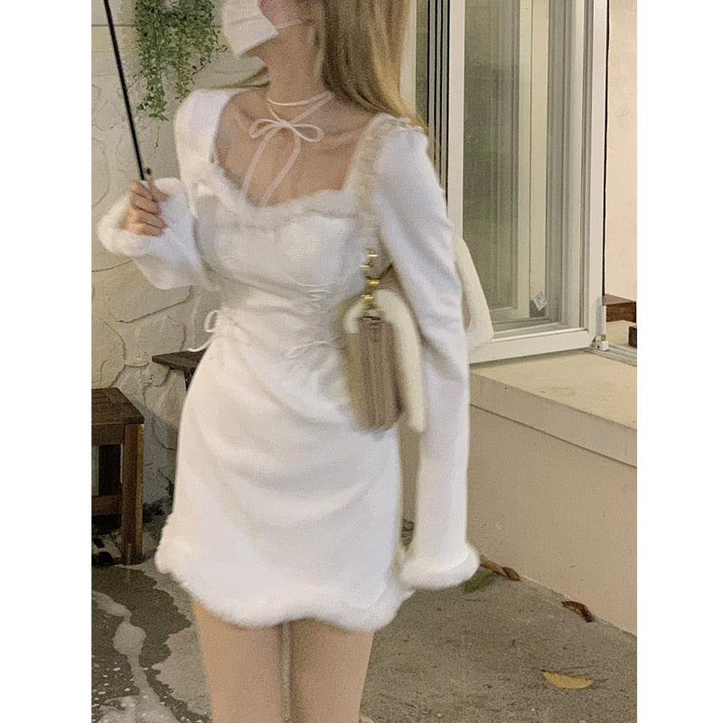 Drespot White Y2k Mini Dress Party Women Casual Fur Knit Dress Lolita Female Kawaii Clothing Vintage One Piece Dress Korean  Spring