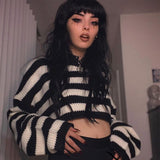 Drespot Thanksgiving Cheat Crop Sweater Black And White Striped Short Jumper Long Sleeve Crew Neck Knit Pullover Y2K E-Girl Aesthetic Outfit