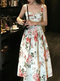 Women Summer Backless Floral Vintage Print Spaghetti Strap Sleeveless Dress  Holiady Party Female Fashion Casual Clothes