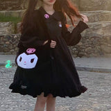 Drespot Black Lolita Dress Kawaii Cartoon Embroidery Long Sleeve Short Dresses Woman Ruffle Peter Pan Collar Japanese Style Goth