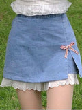 Kawaii Denim Skirt Preppy Style Lace Patchwork A-LINE Woman Mini Skirts Bow High Street Sweet Blue Fairycore Soft Girl
