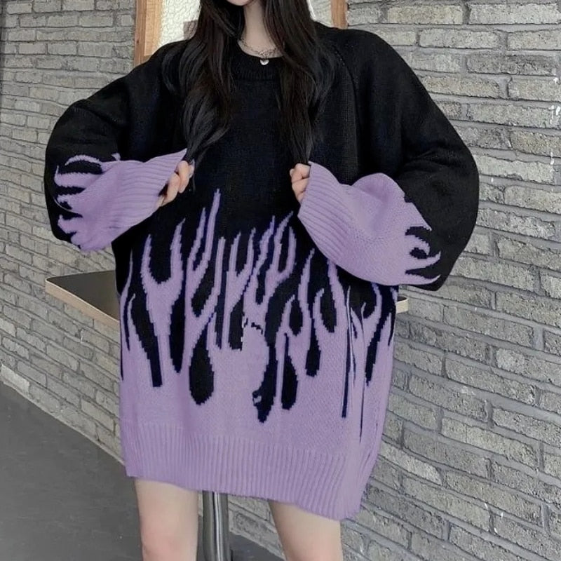 Deeptown Gothic Streetwear Purple Fire Printed Knitted Sweater Women Harajuku Hippie Vintage O-Neck Oversize Long Sleeve Jumper