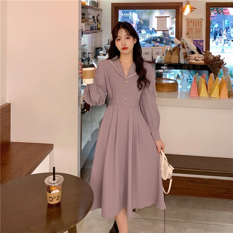 Women's Autumn Long Sleeve A-Line Casual Midi Dress Peter Pan Collar Elegant Lace-up Vestidos Femme Fashion Pullover Robe