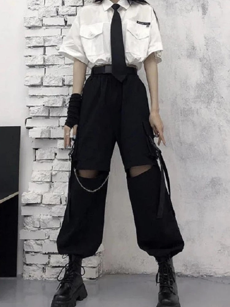 Drespot Gothic Streetwear Women's Cargo Pants With Chain Punk Techwear Black Oversize Korean Fashion Wide Leg Trousers  Alt