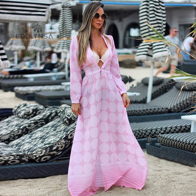 Super Quality Comfortable Fabric Wrinkle-free Pink Chiffon Tunic Sexy Beach Dress Women Women Clothes Street Wear Maxi Dress D13