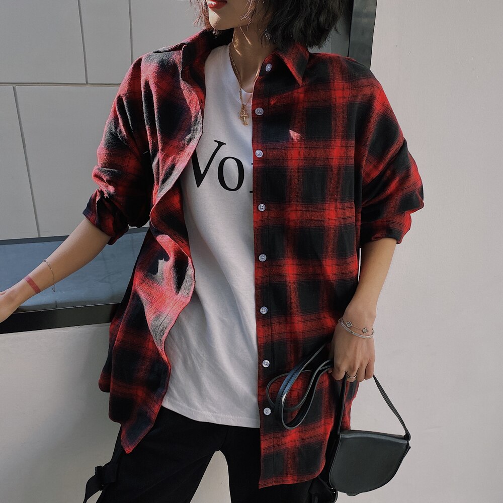 Drespot Thanksgiving Y2K Grunge Plaid Shirt For Women Front Pocket Long Sleeve Collared Classic Tartan Blouses *