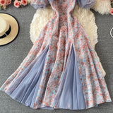 Elegant Women's Chiffon Floral Strap Dress Mesh Stitching Strapless Mixi Dress Holiday Ladies Beach Vestidos  Summer Robe